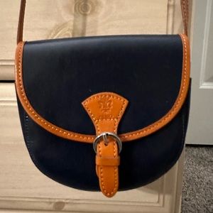 Vintage Genuine Leather Crossbody Purse Navy and Tan